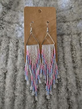 Triangular Beaded Fringe Earrings - Pink, Light Blue & White